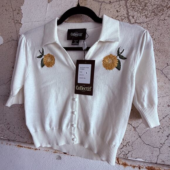Cardigan Top Lemon Embroidered Short Sleeve Sweater Cropped Button Front Women 6 - Picture 5 of 7